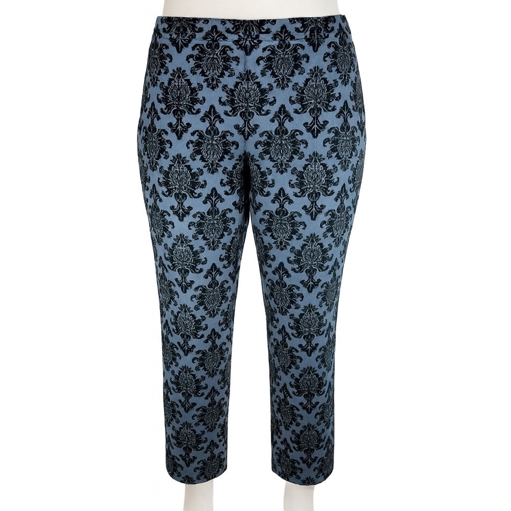 CHICOS Women’s So Slimming Velvet Embossed Damask Pull On Pants Blue Size 2 = L